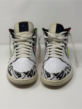 Size 13- Nike Air Jordan 1 Mid All Over Print White Racer Blue Cyber